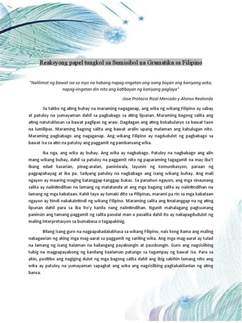 Reaksyong Papel Tungkol Sa Sumisibol Na Gramatika Sa .